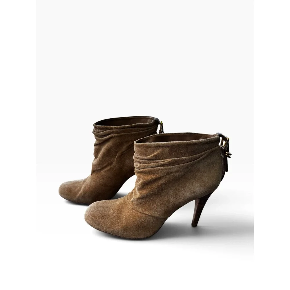 Tory Burch 8.5 Suede Ankle Boots Tan Slouchy Stiletto Gold Buckle Booties